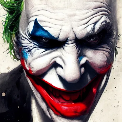 Image similar to joker, crazy face, facepalm, paint by greg rutkowski