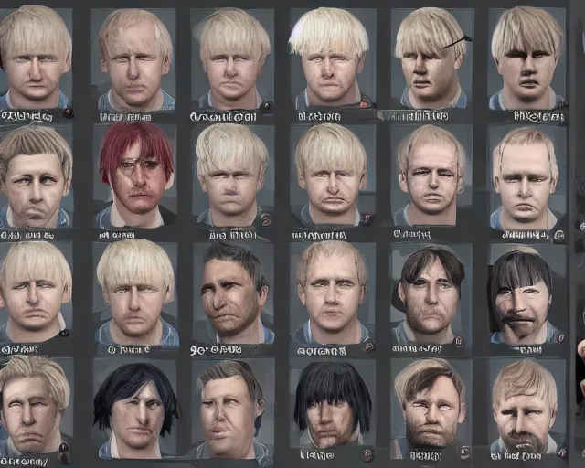 Image similar to boris johnson in 1 0 0 different styles, character art sheet, by various concept artists, redshift render, hyperrealistic face, photorealistic render