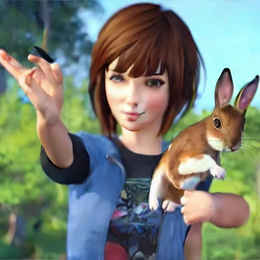 Image similar to max caulfield from the video game Life Is strange holding a rabbit