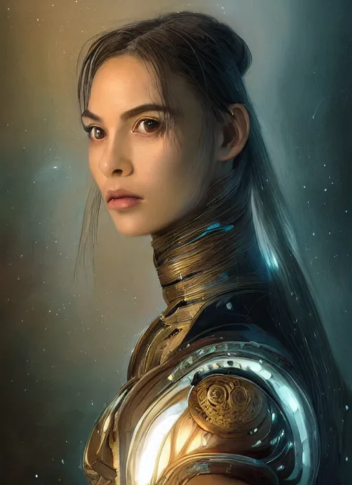 Image similar to a professional portrait of a beautiful young female, clothed in electroluminescent armor, olive skin, long dark hair, beautiful bone structure, symmetrical facial features, intricate, elegant, digital painting, concept art, smooth, sharp focus, finely detailed, illustration, from Valerian and the City of a Thousand Planets, by Ruan Jia and Mandy Jurgens and Artgerm and William-Adolphe Bouguerea