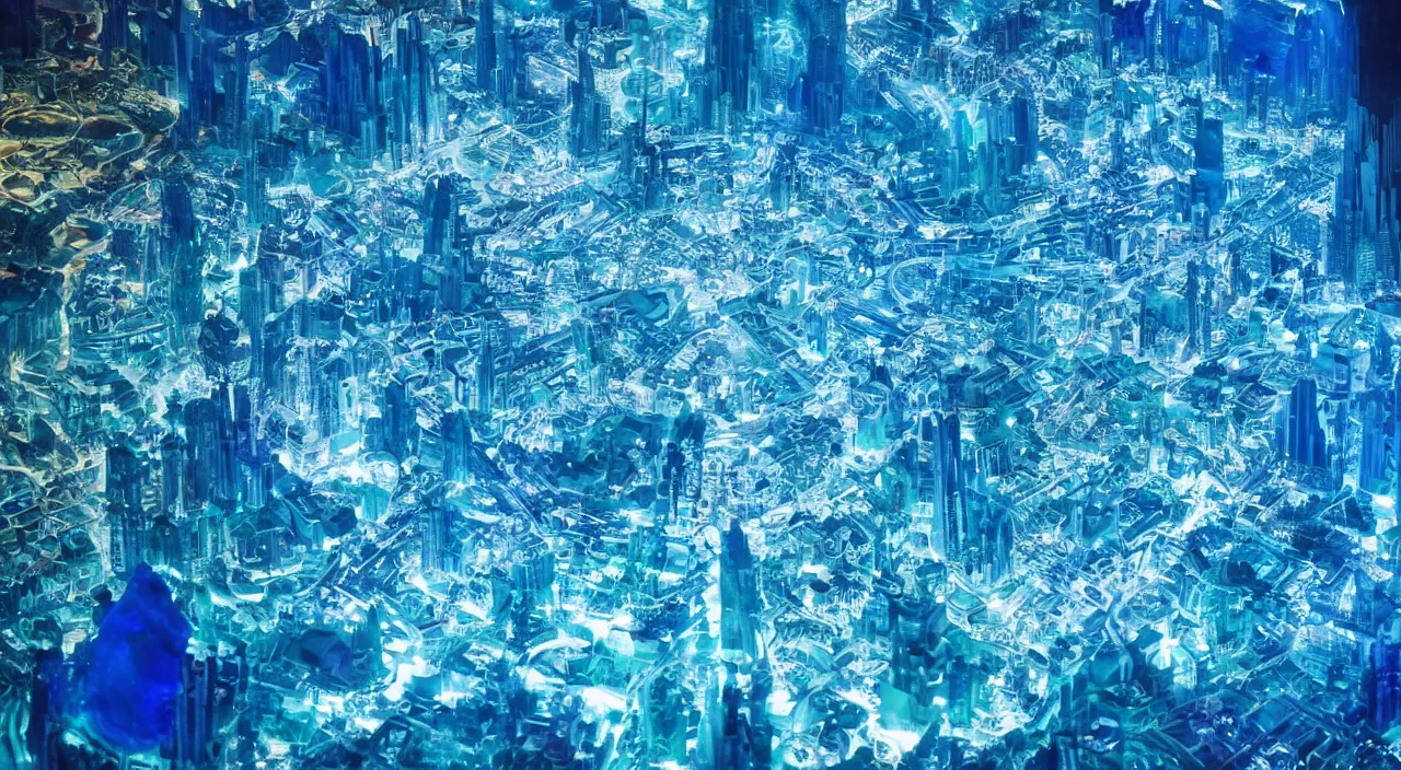 Prompt: The Crystalized City of Atlantis, Blue, Refraction, Light, Glowing, Magical, Mystical, Magnetic