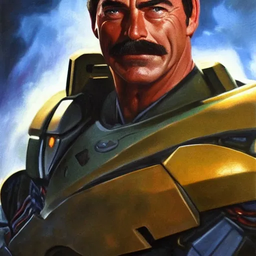 Image similar to ultra realistic portrait painting of tom selleck as master chief, art by frank frazetta, 4 k, ultra realistic, highly detailed, epic lighting