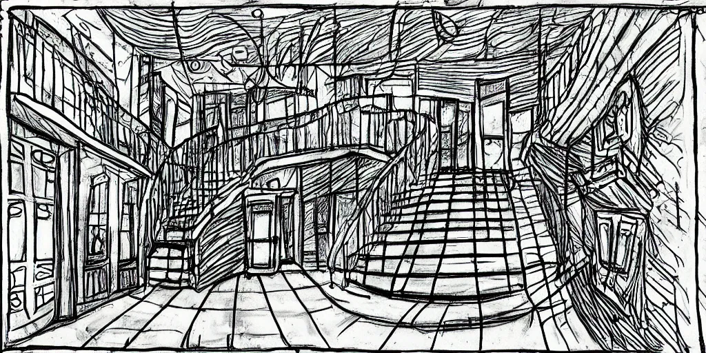 Image similar to dimly lit, theater access corridor, 3 doors, 1 staircase, color draw, day of the tentacle style, fish eye, drawn by Scott C