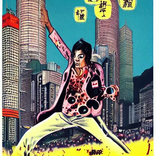 Image similar to glossy old advertising poster, michael jackson moonwalking!!!!! through crowded hong kong street, vendors, zombies, drawn comic by junji ito, pastels, gradient