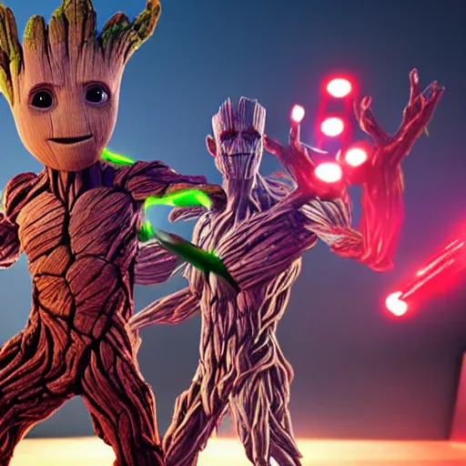 Image similar to groot and optimus prime dancing at techno party among people, wide shoot, after effect ultra realistic 3 d