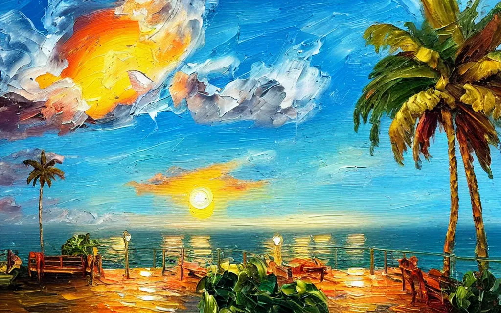 Prompt: in a sea is a tiny island with a cute cozy cottage with a terrace, a paved garden courtyard with benches and a fountain, palm trees, sunset, puffy clouds, dramatic and dynamic lighting, thick brush strokes oil impasto painting