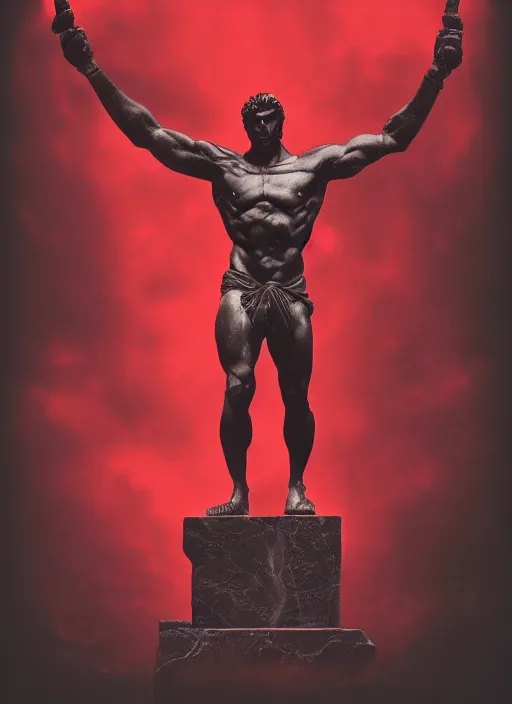 Prompt: dark design poster showing a statue of hercules, black background with very subtle red purple design elements, powerful, nekro, vito acconci, thin straight lines, dark, glitch art, neo vaporwave, gritty, layout frame, square, trending on artstation