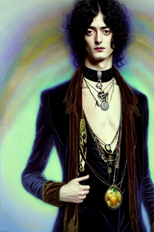 Image similar to a beautiful androgynous man, long hair, tall and thin, dressed in velvet, rock star, young jimmy page, wearing several pendants and a choker, illustration, dramatic lighting, soft details, painting, art nouveau, octane render, 8 k, hd, by edmund blair leighton, brom, charlie bowater, faces by otto schmidt