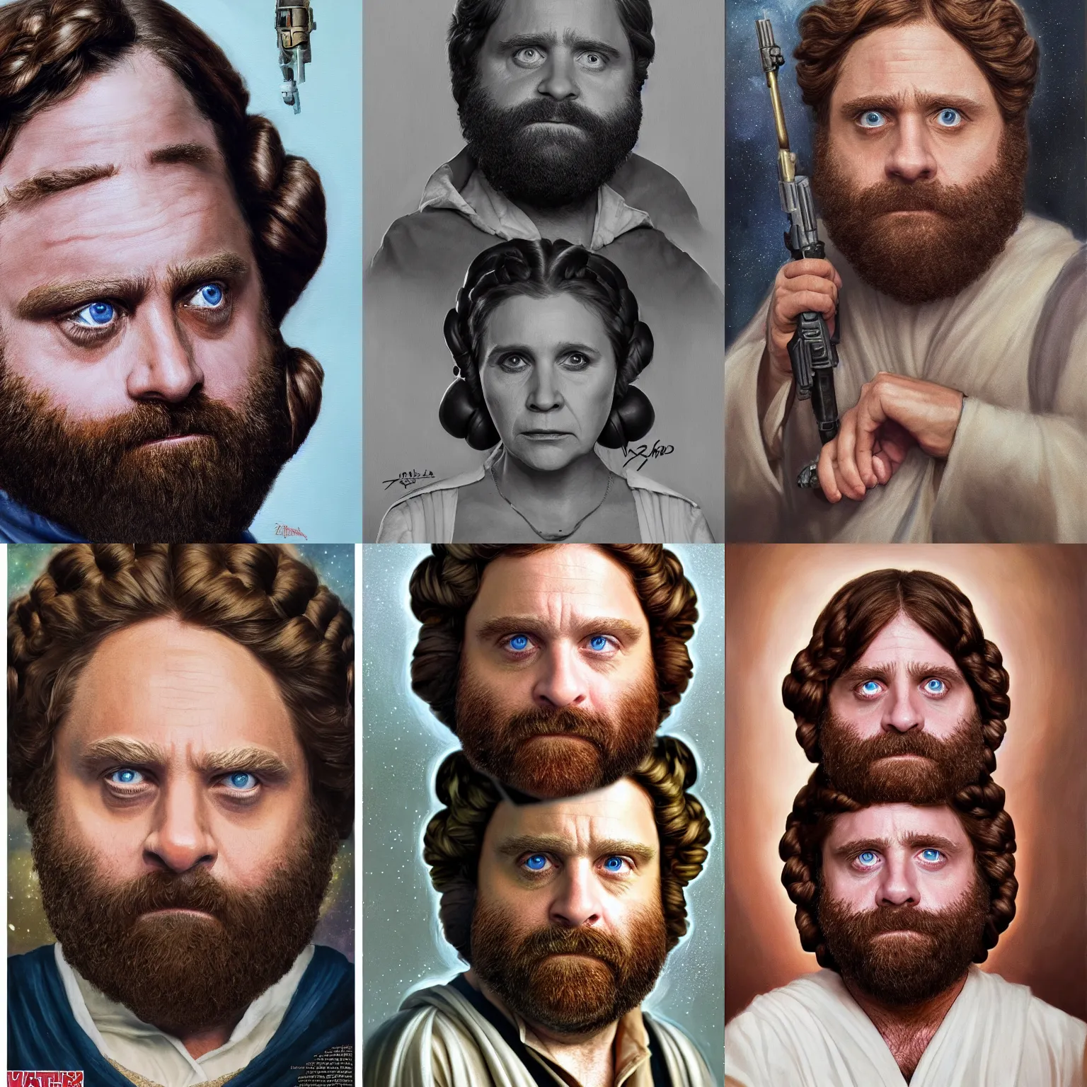 Prompt: Zach galifianakis as Princess Leia in Star Wars, oil on canvas, intricate, portrait, 8k highly professionally detailed, HDR, CGsociety