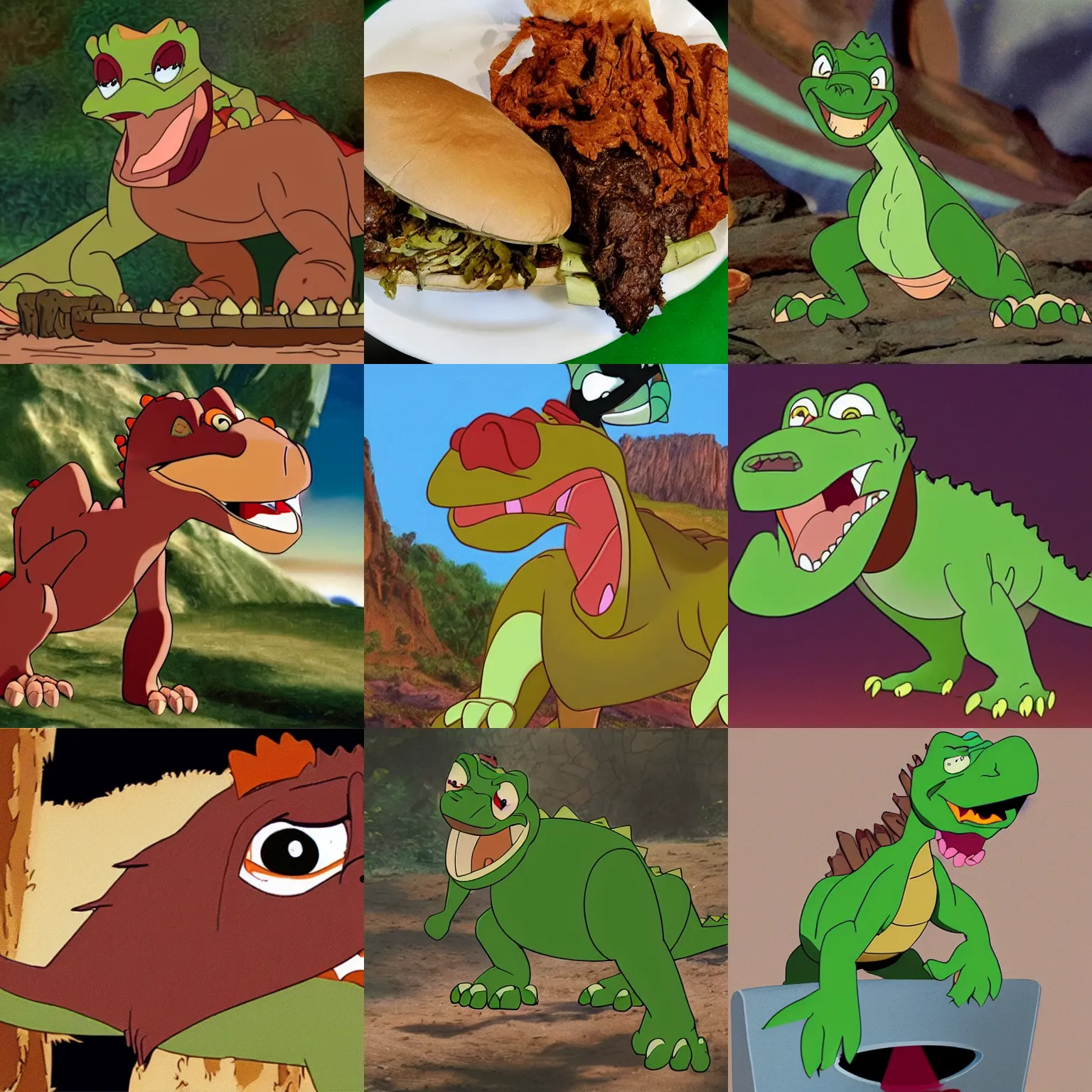 Prompt: angry petrie from a land before time eating a döner kebab
