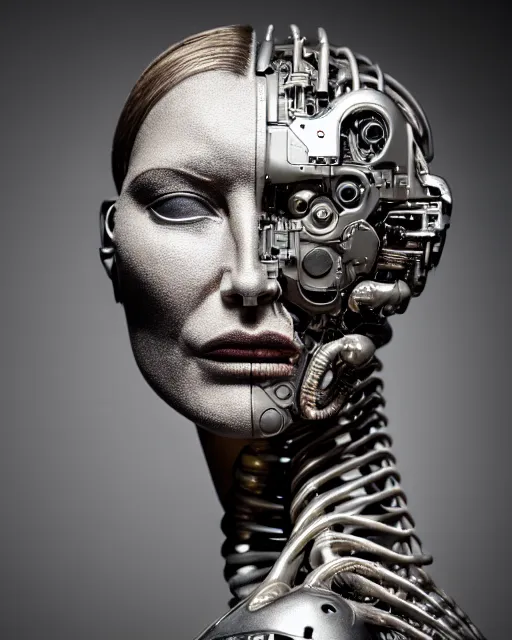 Image similar to a female cyborg profile face, by h. r. giger, by kiki smith, glamor shot, nikon d 7 5 0, closeup, f / 2. 8, low contrast, 1 6 k, rim lighting, cinematic lighting, insanely detailed and intricate, hypermaximalist, elegant, ornate, hyper realistic, super detailed