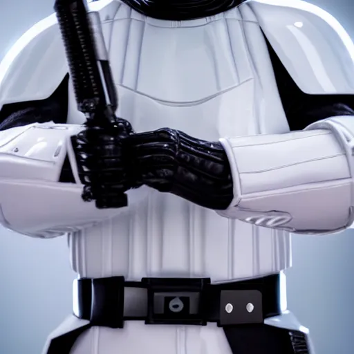 Image similar to photo of a white darth vader, realistic, professionally, professionally color graded, full body shot, leather body suit, sharp focus, 8 k high definition, insanely detailed, intricate, elegant