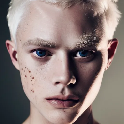 Image similar to portrait photo of a full platinum blond model, shaved eyebrow, no eyebrow, pale skin, freckle, realistic, high detail, high quality, trending on pinteresst