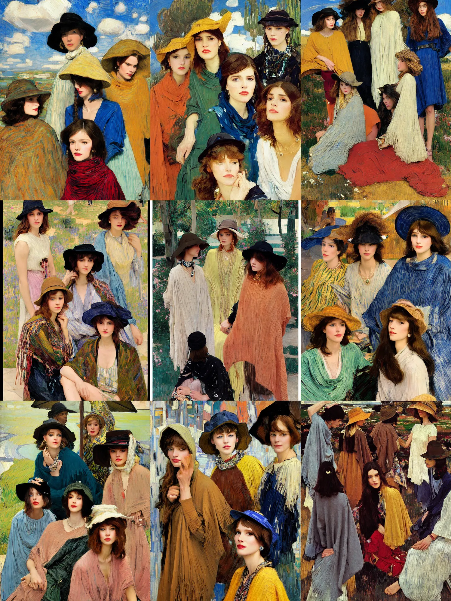 Image similar to portrait of group of fashionable young womans wearing rich jewerly hat and boho poncho, concrete hitech interior, 1970s fashion, sitting dynamic pose, Low poly, thunder clouds in the sky, artwork by Joaquin Sorolla and john william waterhouse and Denis Sarazhin and klimt and rhads and van gogh and Dean Ellis and Detmold Charles Maurice, levitation, industrial rusty pipes, simple form, brutal shapes