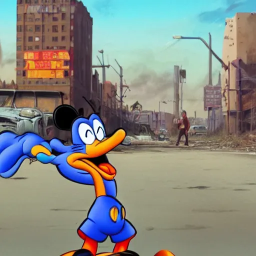 Prompt: goofy fights against the patriarchy in a post apocalyptic city realistic 4 k