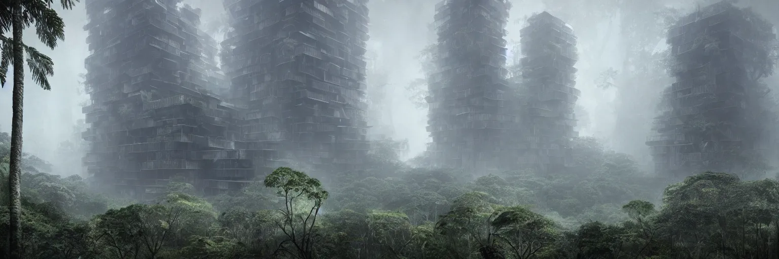 Image similar to brutalist architecture inspired by louis kahn deep in the rainforest. nature is taking over. matte painting in the style of eddie mendoza. mist. cinematic.