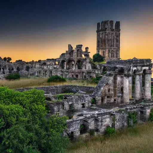 Image similar to an ancient sanctuary made of stone, abandoned, with big towers, white birds flying in the distance, vegetation covering parts of it, golden hour, mist