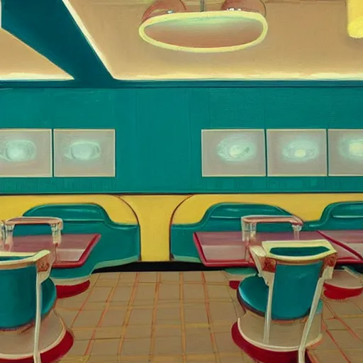 Prompt: a realistic painting of the interior of a diner, the walls are light yellow, the booths are teal and the tables are pink