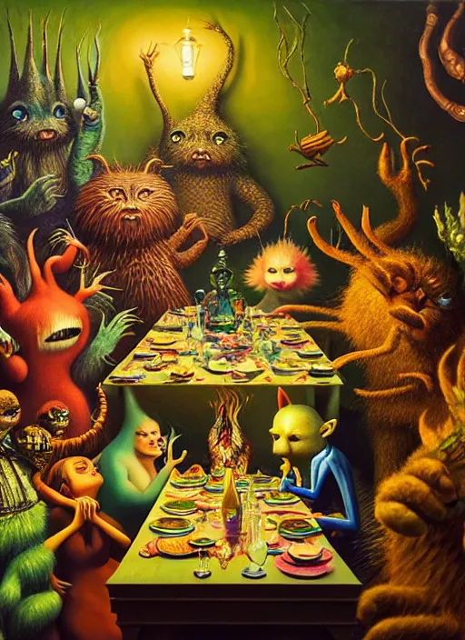 Image similar to hyper detailed 3d render, Oil painting, a decadent fairy dinner party - where the wild things are by Jacek Yerka, Mariusz Lewandowski, Houdini algorithmic generative render, Abstract brush strokes, Masterpiece, Edward Hopper and James Gilleard, Zdzislaw Beksinski, Mark Ryden, Wolfgang Lettl, hints of Yayoi Kasuma, octane render, 8k