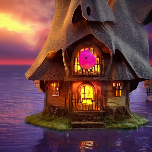 Image similar to a witches house made out of candy with a scary witch in front of the house, floating on the ocean, epic scene, fantasy, cinematic, redshift render, cgi, hyper - detailed, photo - bash, 8 k post - production, masterpiece