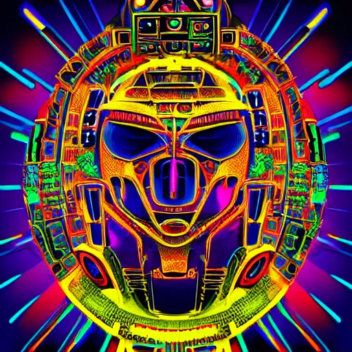 Image similar to hyperdetailed portrait of a aztec futurism punk robot head, 8 k, symetrical, flourescent colors, halluzinogenic, multicolored tshirt art, black background