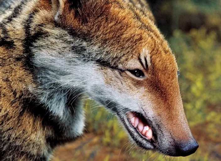 Image similar to photo of a thylacine, ‘Tasmanian ((tiger))’, thylacine, detailed fur, long thin tail, long snout, small eyes, drinking water from a lake, Australia, HD, National Geographic,