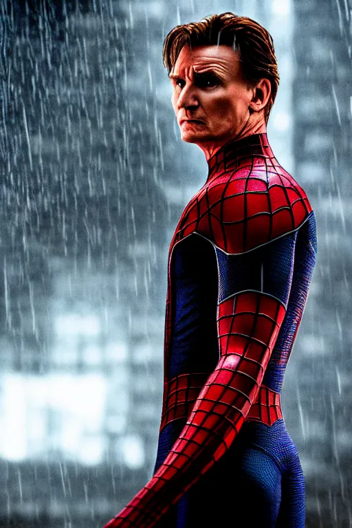 Image similar to cinematic of liam neeson as peter parker in spiderman, dramatic rain, 8 k, moody lighting