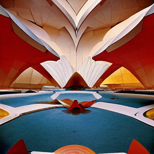 Image similar to interior of a futuristic lotus temple with gold, red and white marble panels, in the desert, by buckminster fuller and syd mead, intricate contemporary architecture, photo journalism, photography, cinematic, national geographic photoshoot