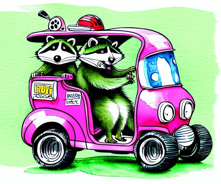 Image similar to cute and funny, racoon wearing a helmet riding in a tiny hot rod golf cart with oversized engine, ratfink style by ed roth, centered award winning watercolor pen illustration, isometric illustration by chihiro iwasaki, edited by range murata