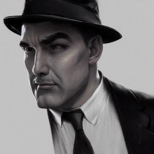 Prompt: 1930s mobster, painted character portrait, highly detailed, digital painting, artstation, concept art, sharp focus, illustration, art by artgerm and greg rutkowski and alphonse mucha