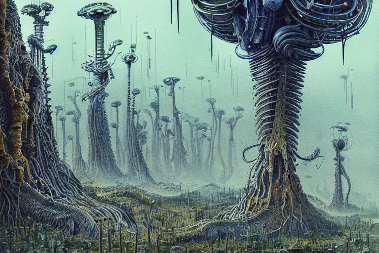 Image similar to a surreal and awe - inspiring science fiction landscape, alien plants and animals, intricate, elegant, uplifting, happy, inspirational, highly detailed watercolor painting by h. r. giger and simon stalenhag