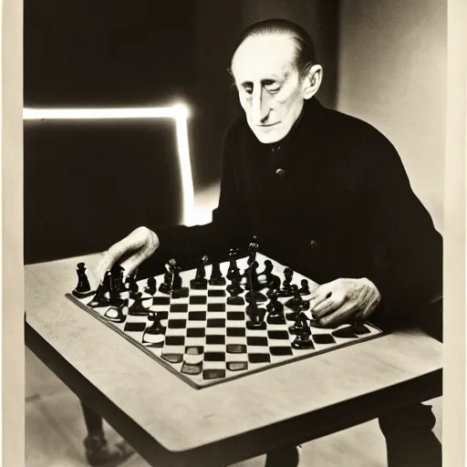 Prompt: a long exposure shot of Marcel Duchamp working on a chess readymade object, archival pigment print