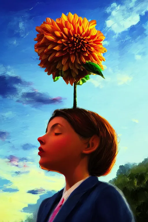 Image similar to closeup giant dahlia flower head, girl in a suit, street, surreal photography, blue sky, sunrise, dramatic light, impressionist painting, digital painting, artstation, simon stalenhag