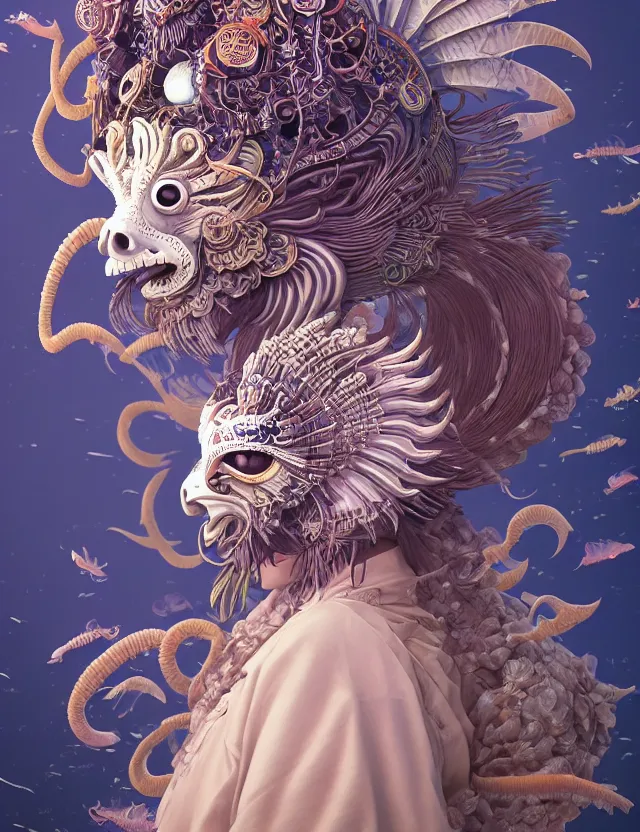 Image similar to 3 d goddess close - up profile solarpunk portrait ram skull. beautiful intricately detailed japanese crow kitsune mask and clasical japanese kimono. betta fish, jellyfish phoenix, bio luminescent, plasma, ice, water, wind, creature, artwork by tooth wu and wlop and beeple and greg rutkowski