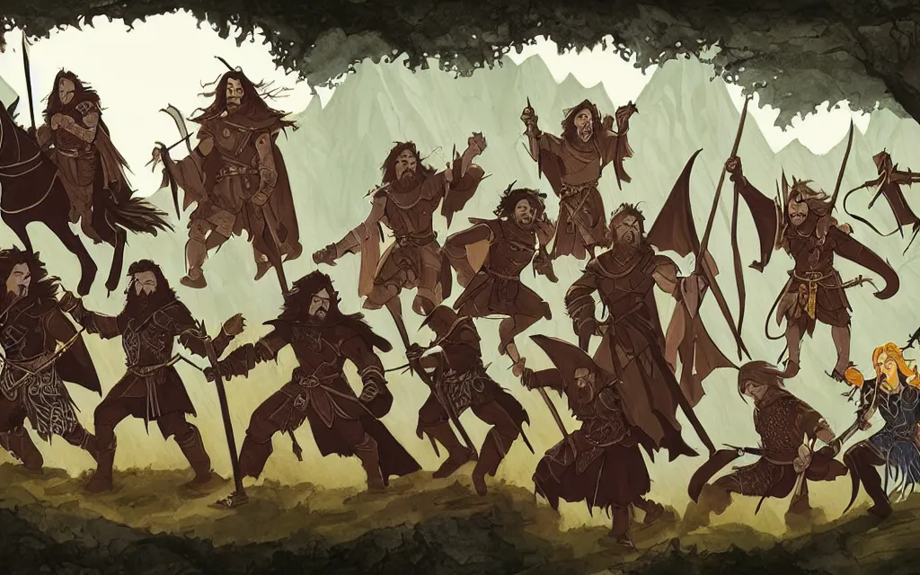 Prompt: DnD party with a wizard, knight, rogue, druid, bard, adventuring across vast rugged mountain range, long sightline, LOTR fantasy illustration