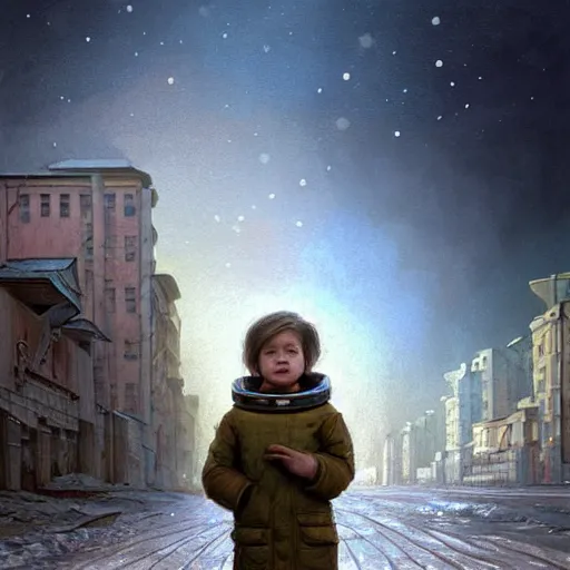 Image similar to A portrait of a kid with a dog on the street of a Soviet city on the moon, Norilsk, sci-fi, fantasy, intricate, very very beautiful, elegant, highly detailed, digital painting, artstation, concept art, smooth, sharp focus, illustration, art by artgerm and greg rutkowski and alphonse mucha