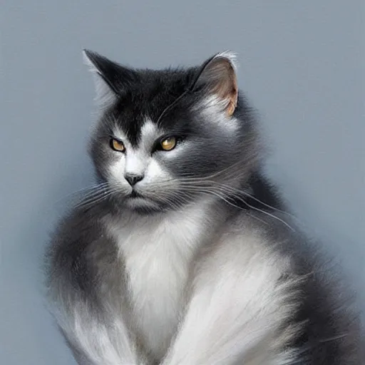 Image similar to a big bored dark gray cat with white belly, white paws and white face markings with long fur and fluffy tail sitting, intricate, elegant, highly detailed, digital painting, artstation, concept art, matte, sharp focus, illustration, art by Artgerm and Greg Rutkowski and Alphonse Mucha