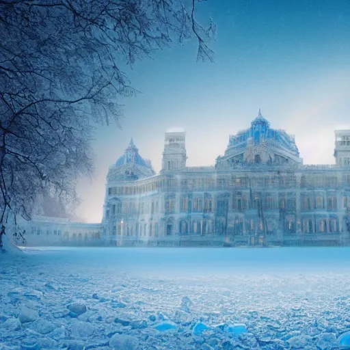 Prompt: The palace does not fall in a huge avalanche, snow, winter, movies, tree clouds, ice everywhere, freezing, a lot of blue roses in the ice, frozen roses, octane rendering, surreal, 8k, dusk, sunset