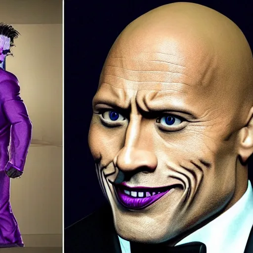 Image similar to photo of Dwayne Johnson as Joker wearing a purple suit, eccentrically posing, highly detailed, realistic face, detailed face