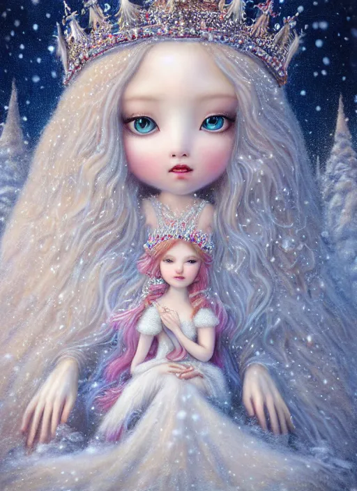 Image similar to highly detailed closeup portrait of a snow, ice princess wearing a crown and sitting on a throne surrounded by fluffy bears, nicoletta ceccoli, mark ryden, lostfish, earl nore, global illumination, god rays, detailed and intricate environment