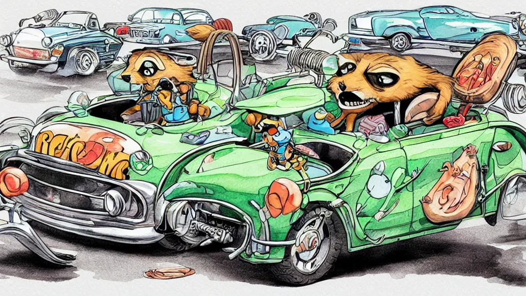 Image similar to cute and funny, racoon riding in a tiny hot rod coupe, ratfink style by ed roth, centered award winning watercolor pen illustration, isometric illustration by chihiro iwasaki, edited by range murata