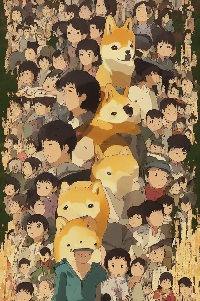 Image similar to a portrait of the movie poster of graveyard of the fireflies with all the characters replaced with shiba inus, in the art style of studio ghibli, miyao hayazaki, artistic 4 k