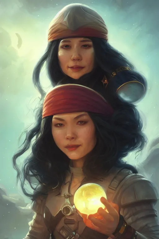 Image similar to and astronaut pirate with long black hair, d & d, fantasy digital painting, trending on artstation, concept art, sharp focus, illustration, global illumination, ray tracing, realistic shaded, art by artgerm and greg rutkowski and fuji choko and viktoria gavrilenko and hoang lap