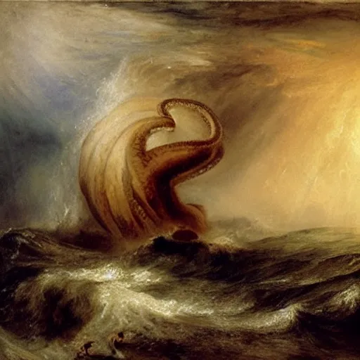 Prompt: giant octopus emerging from a stormy ocean, by jmw turner