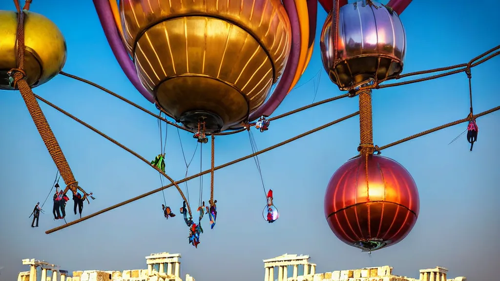 Image similar to large colorful futuristic space age metallic steampunk steam - powered balloons with pipework and electrical wiring around the outside, and people on rope swings underneath, flying high over the beautiful ancient athens acropolis landscape, professional photography, 8 0 mm telephoto lens, realistic, detailed, photorealistic, photojournalism