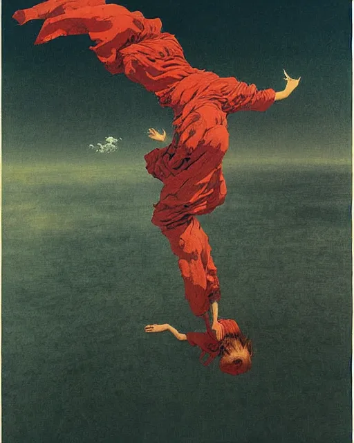 Prompt: early color photo of a scared boy flying in sky, Beksinski painting, part by Adrian Ghenie and Gerhard Richter. art by Takato Yamamoto