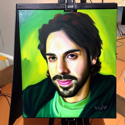 Image similar to portrait of twitch streamer vinny vinesauce, oil painting