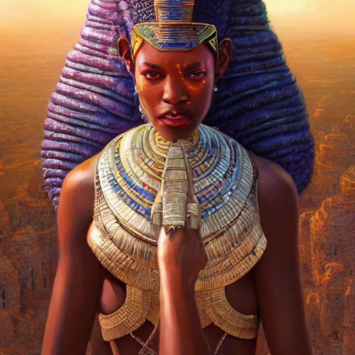 Image similar to highly detailed portrait of an african egyptian goddess, intricate alien technology, stephen bliss, unreal engine, fantasy art by greg rutkowski, loish, rhads, ferdinand knab, makoto shinkai and lois van baarle, ilya kuvshinov, rossdraws, tom bagshaw, global illumination, radiant light, detailed and intricate environment