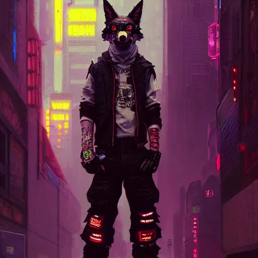 Image similar to anthropomorphic coyote character wearing black cyberpunk skater clothes with neon highlights in a cyberpunk city. Renowned character illustration by greg rutkowski, thomas kindkade, alphonse mucha, loish, norman rockwell. Trending on artstation 4k. Highly detailed. Digital art.