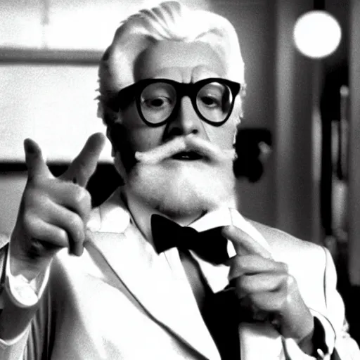 Prompt: A movie still of Colonel Sanders as a 1980s supervillian